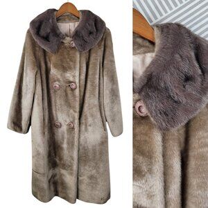 Vintage Faux Fur Collar Coat Size Large XL Tan Pinup Button Up Brown Long